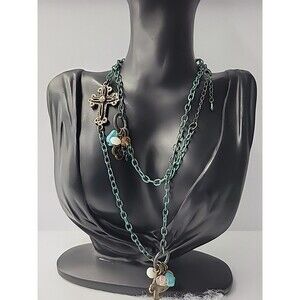 Vintage Green Blue Patina Necklace Cross Chain Charms Beaded Jewelry